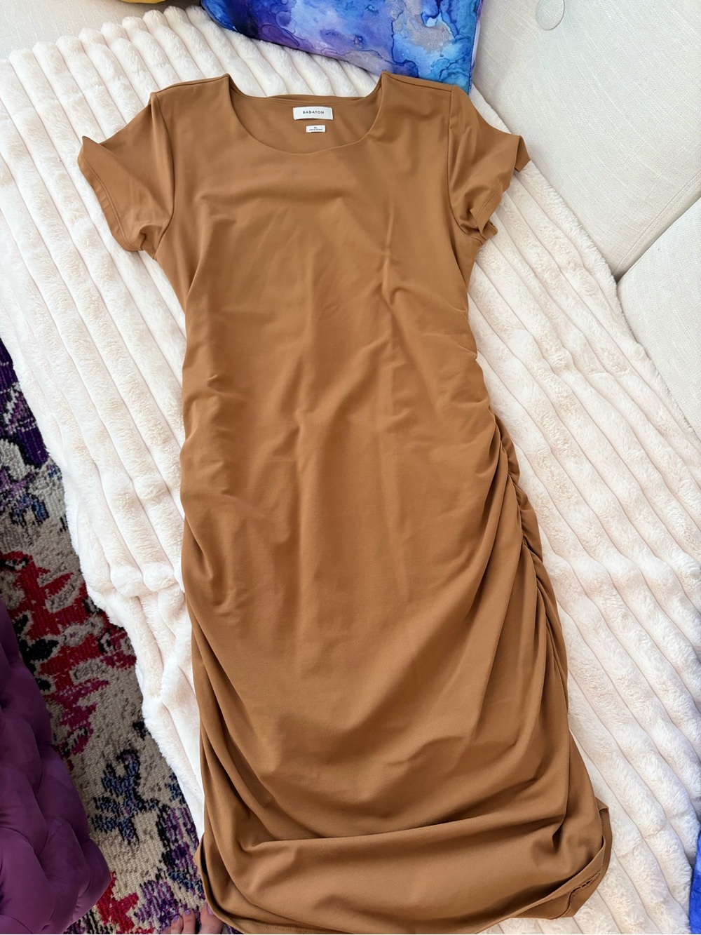 Aritzia Ruched Short-Sleeve Dress in Camel
